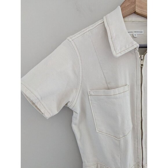 Good American Utility White Denim Belted Short Sleeve Jumpsuit Women's Size 0 - Picture 3 of 12